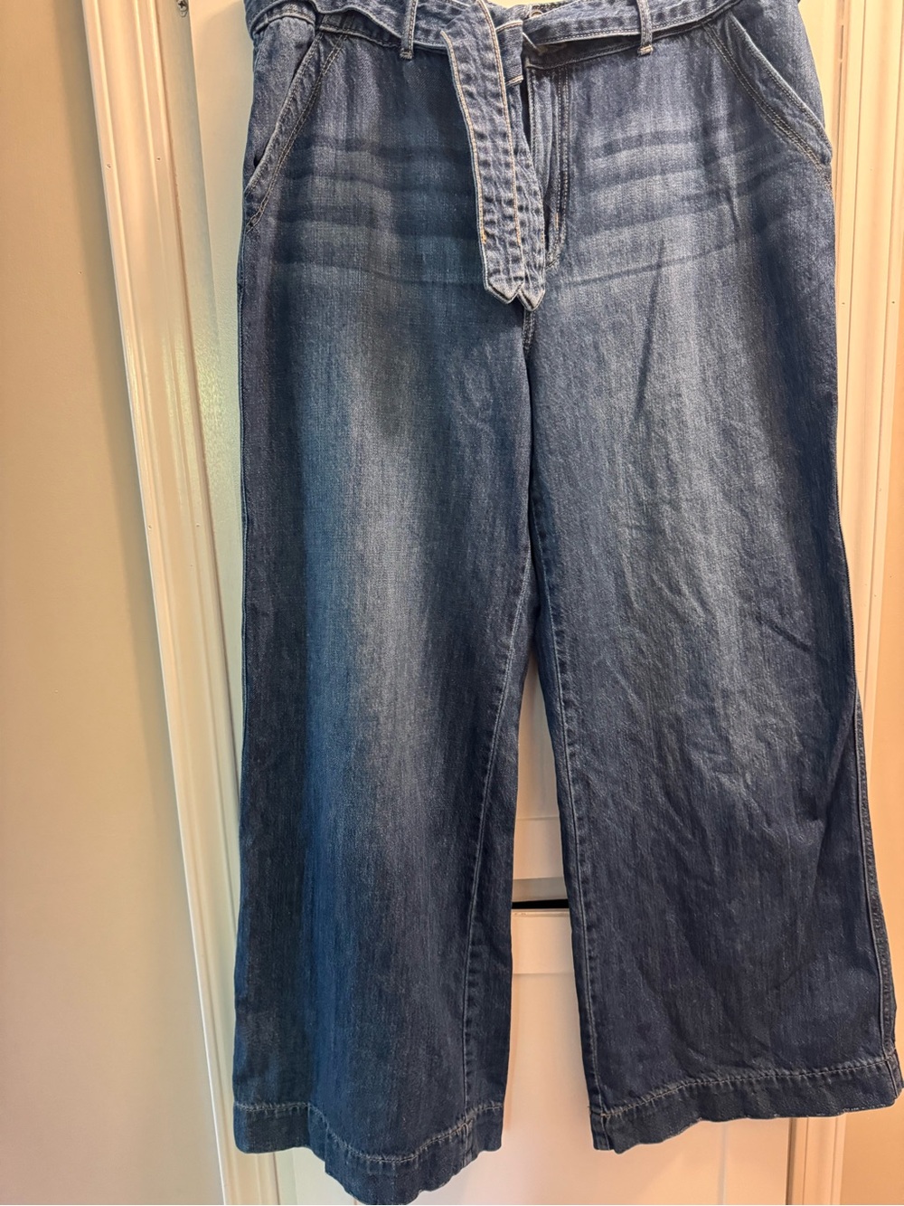 Maurices M Jeans Womens 16 Regular High Rise Wide Leg Belted Blue Denim 100% Cot